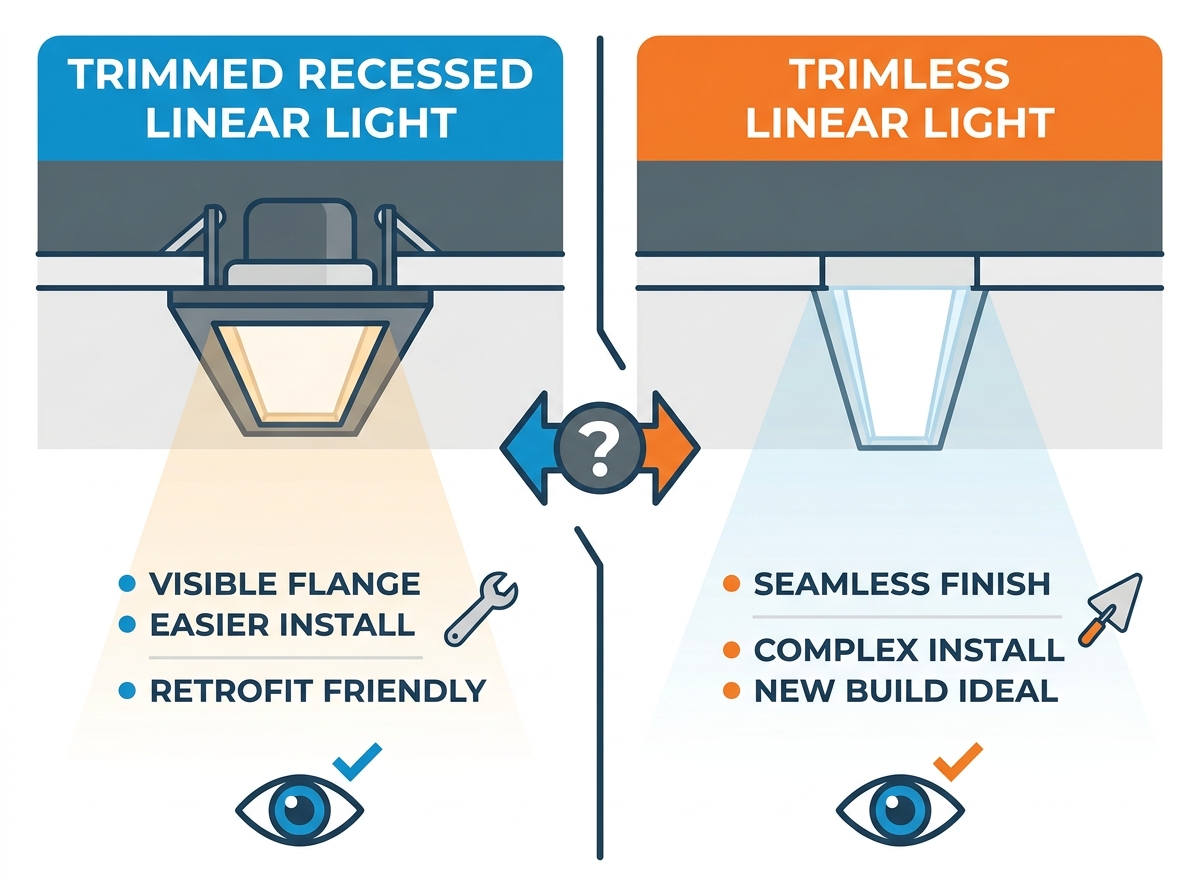 Trimmed recessed linear light installation in a modern architectural ceiling